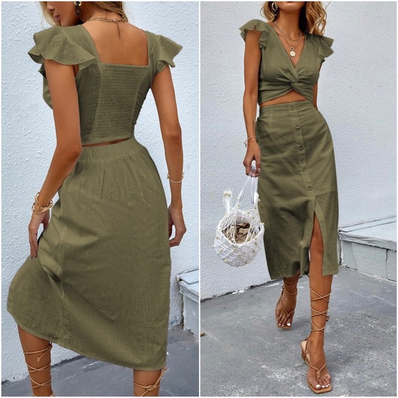 Boho Army Green V Neck Twist Ruffle Crop Top Skirt set - Picture 3 of 3